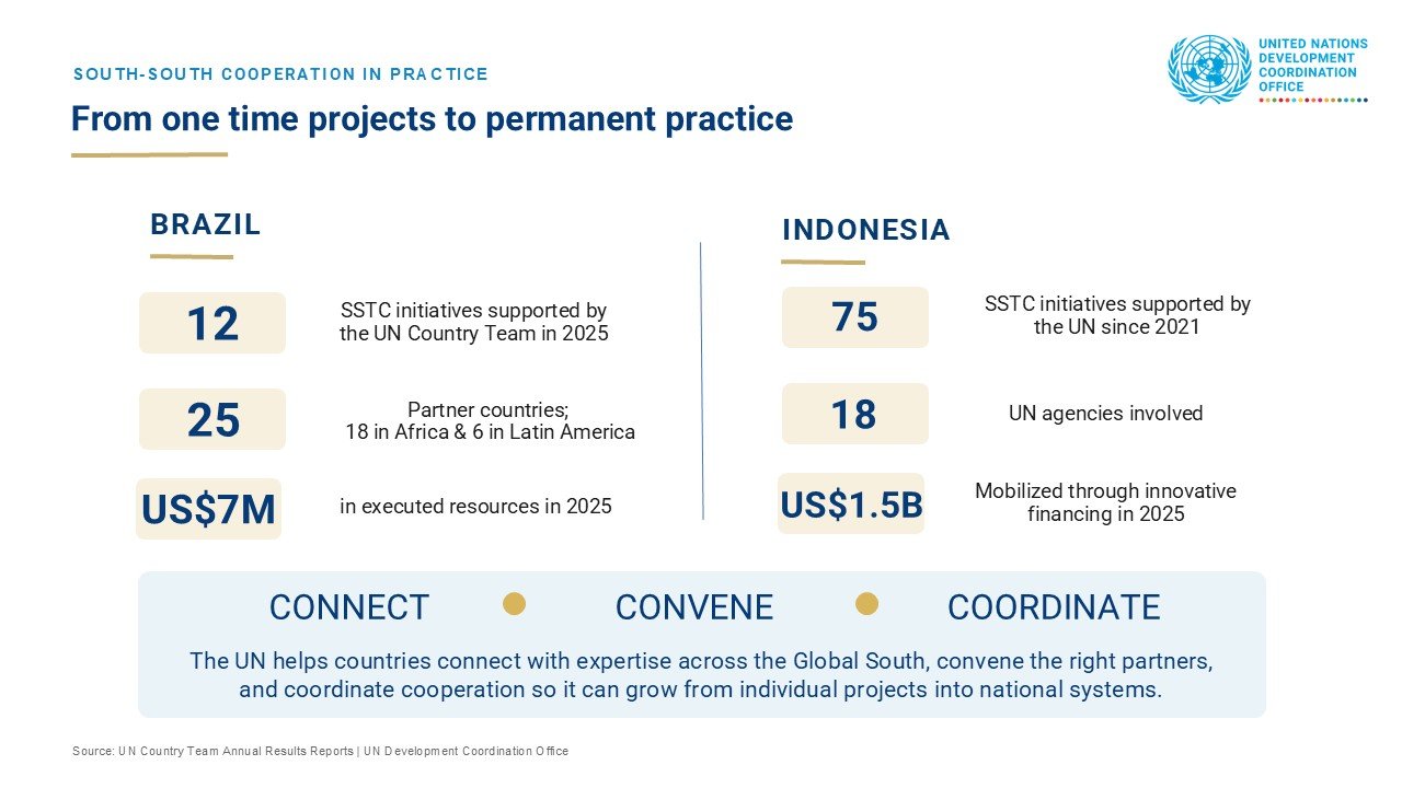 An infographic describing how South-South cooperation between Brazil and Indonesia works in practice.