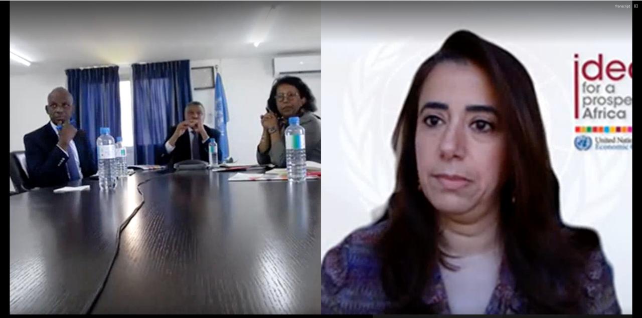 A split screen of a few people sitting at a desk on the left, and a woman on the right.