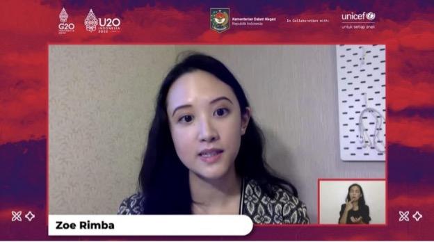 Screenshot of Zoe giving a presentation on "Children in Urban Settings in Indonesia" at an Urban20 (U20) webinar in March 2022 