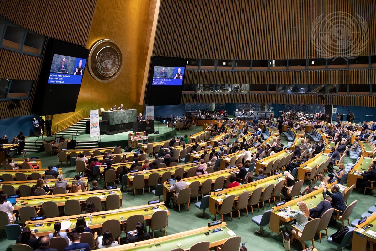 A wide view of the room as Secretary-General António Guterres (on screens and at podium) addresses the opening of the high-level political forum on sustainable development