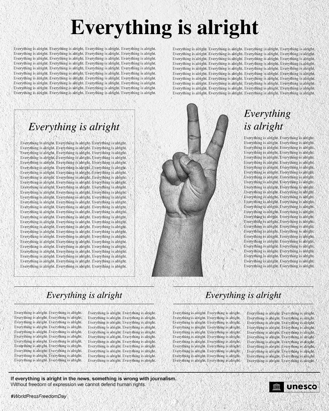 Graphic of a hand showing a peace sign with words all around it