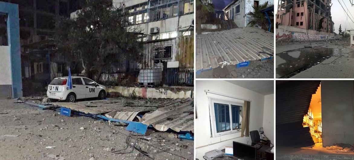 Un edificio que alberga la sede de la UNRWA en la ciudad de Gaza sufre importantes daños tras los ataques aéreos cercanos.