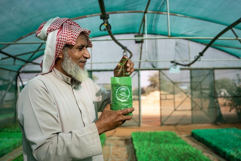 A man in a white dress and red headscarf holds out a sapling in a green bag