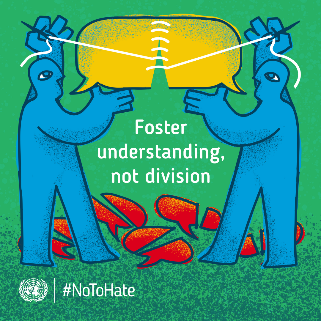 A graphic where two persons in blue are sewing together a torn up speech bubble