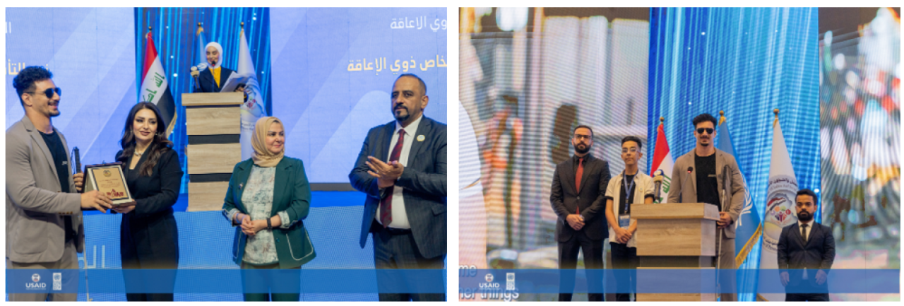 A panel of two photographs where a man in a brown suit with dark glasses is being fecilitated