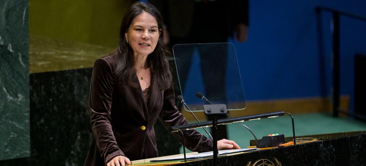 The UN General Assembly President addresses a conference.