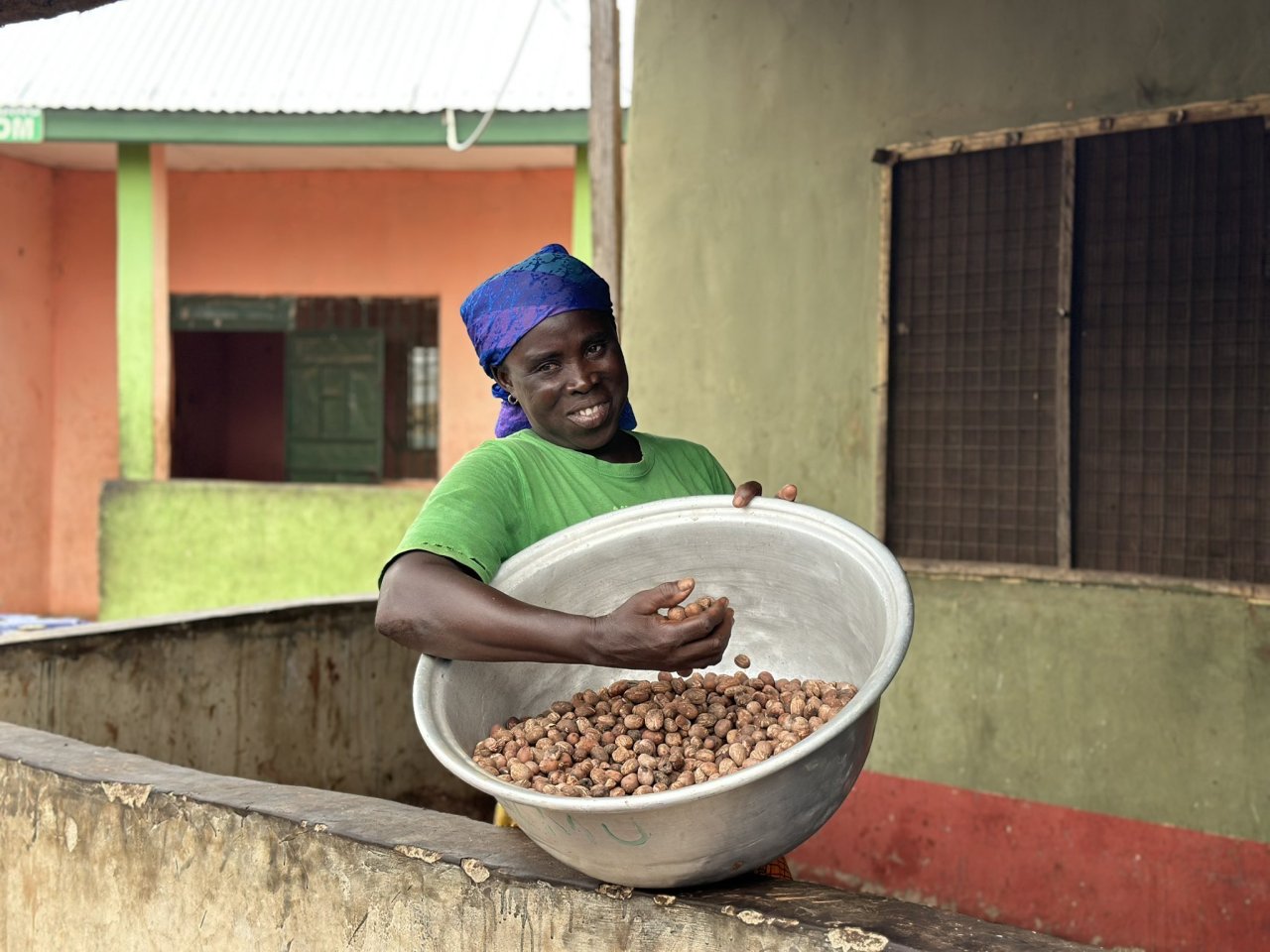 A woman in Ghana holds a large bowl of shea nuts.