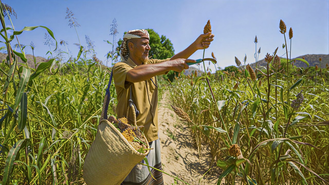 A farmer in Yemen harvests his crops.