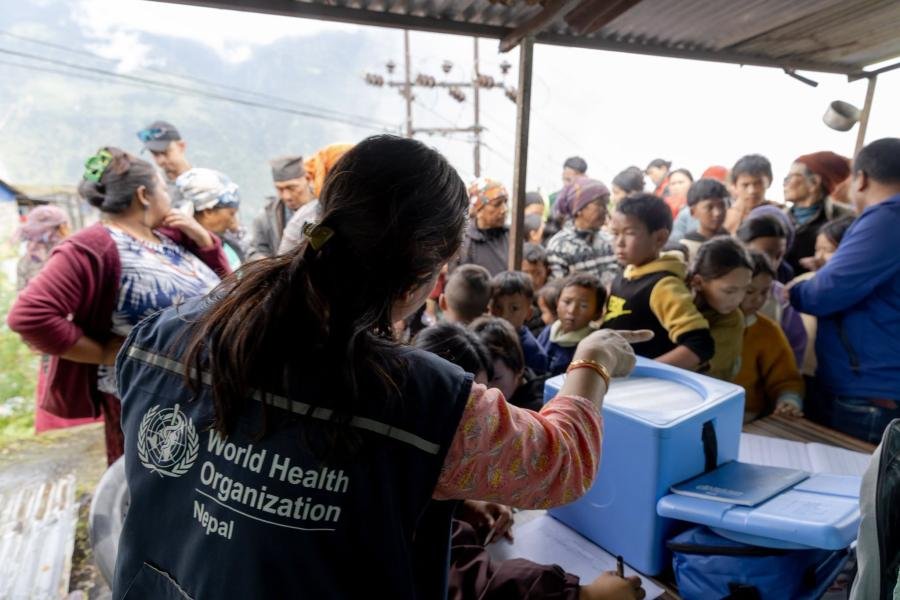 Aid being distributed after floods in Nepal.
