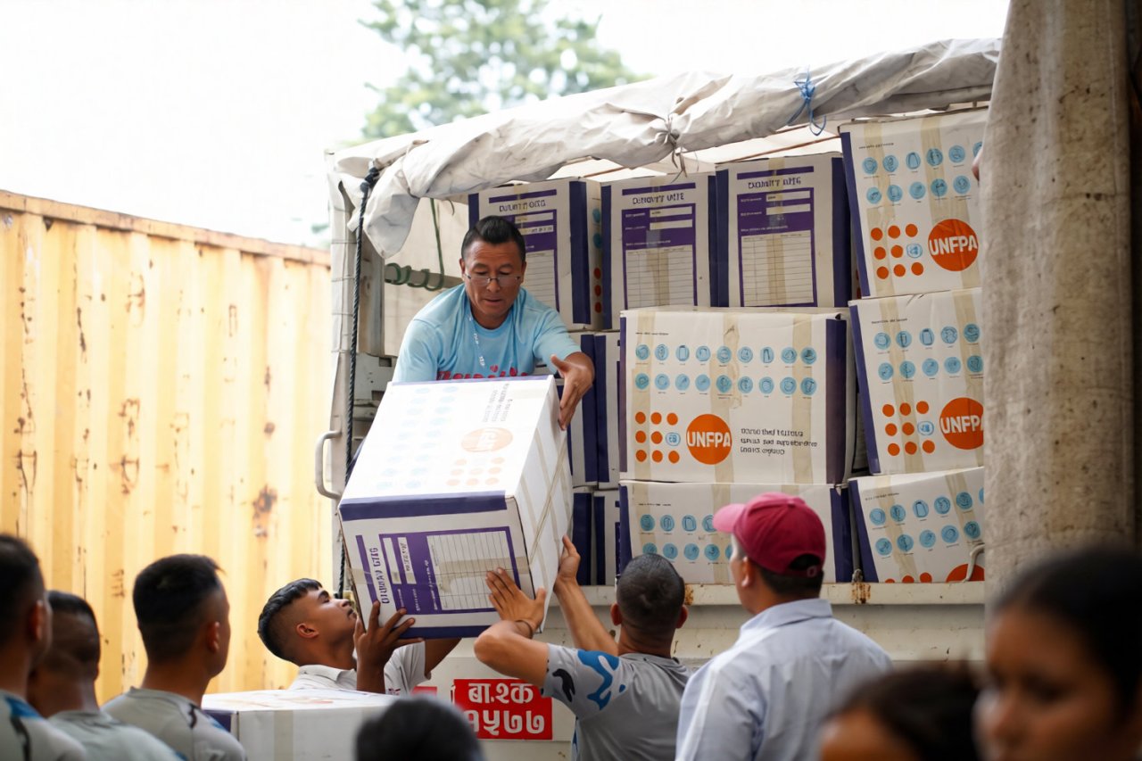 Aid relief being distributed after a flood in Nepal.