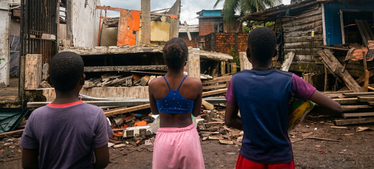 Three kids in Colombia observe the damage after an earthquake.