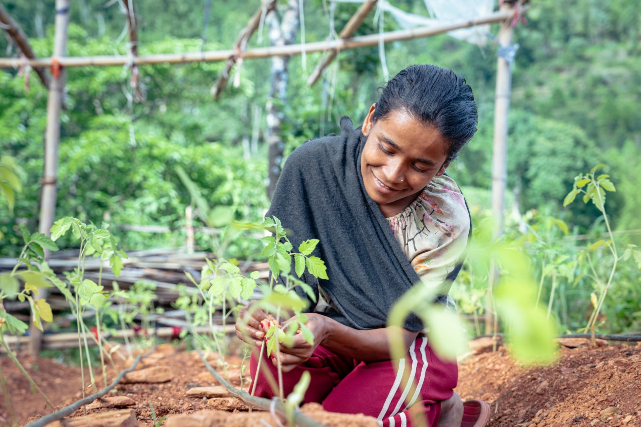 A woman in Nepal works in a field.
