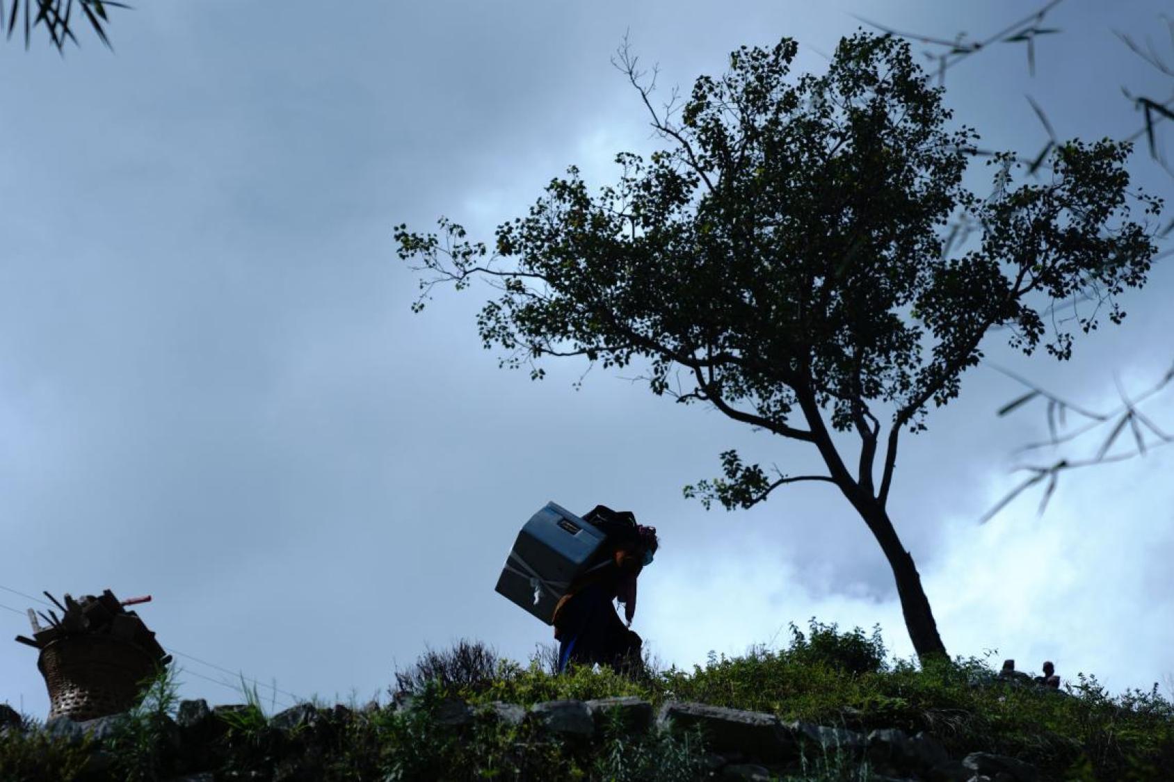 A dark image of a woman with a box on her back near a tree.