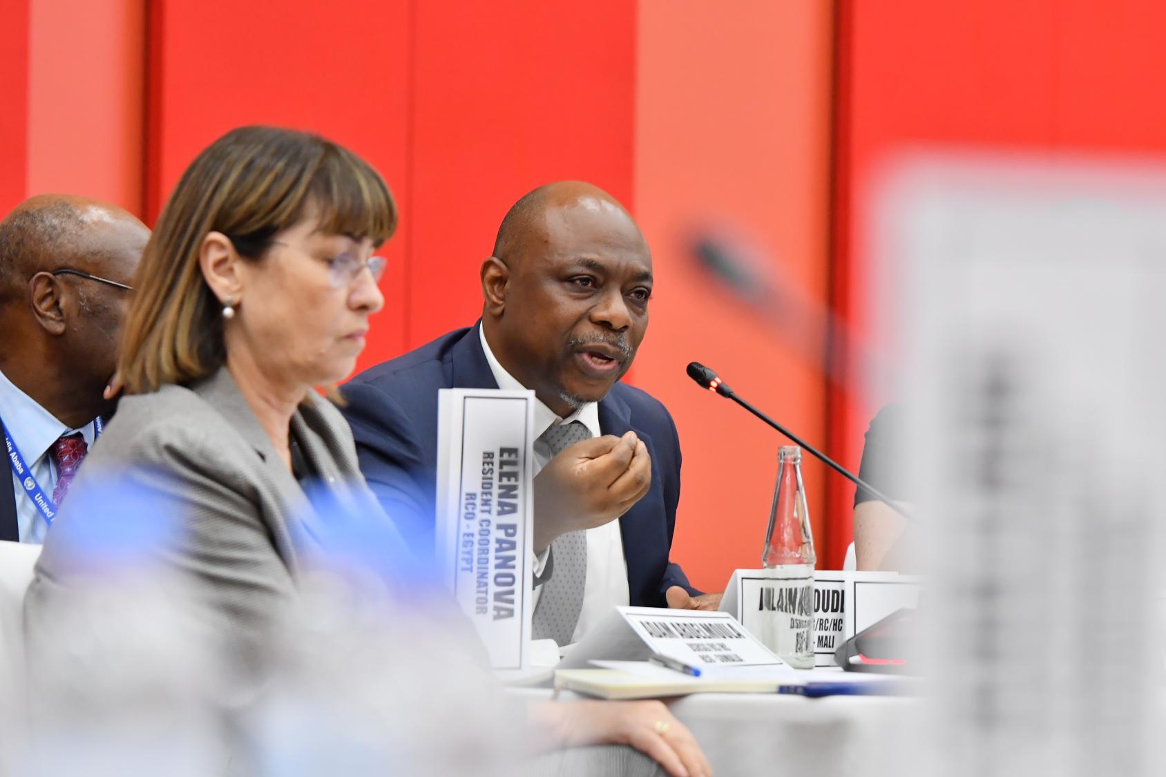 Alain Noudéhou, Deputy Special Representative of the Secretary-General and Resident and Humanitarian Coordinator in Mali, engages with the Deputy Secretary-General.