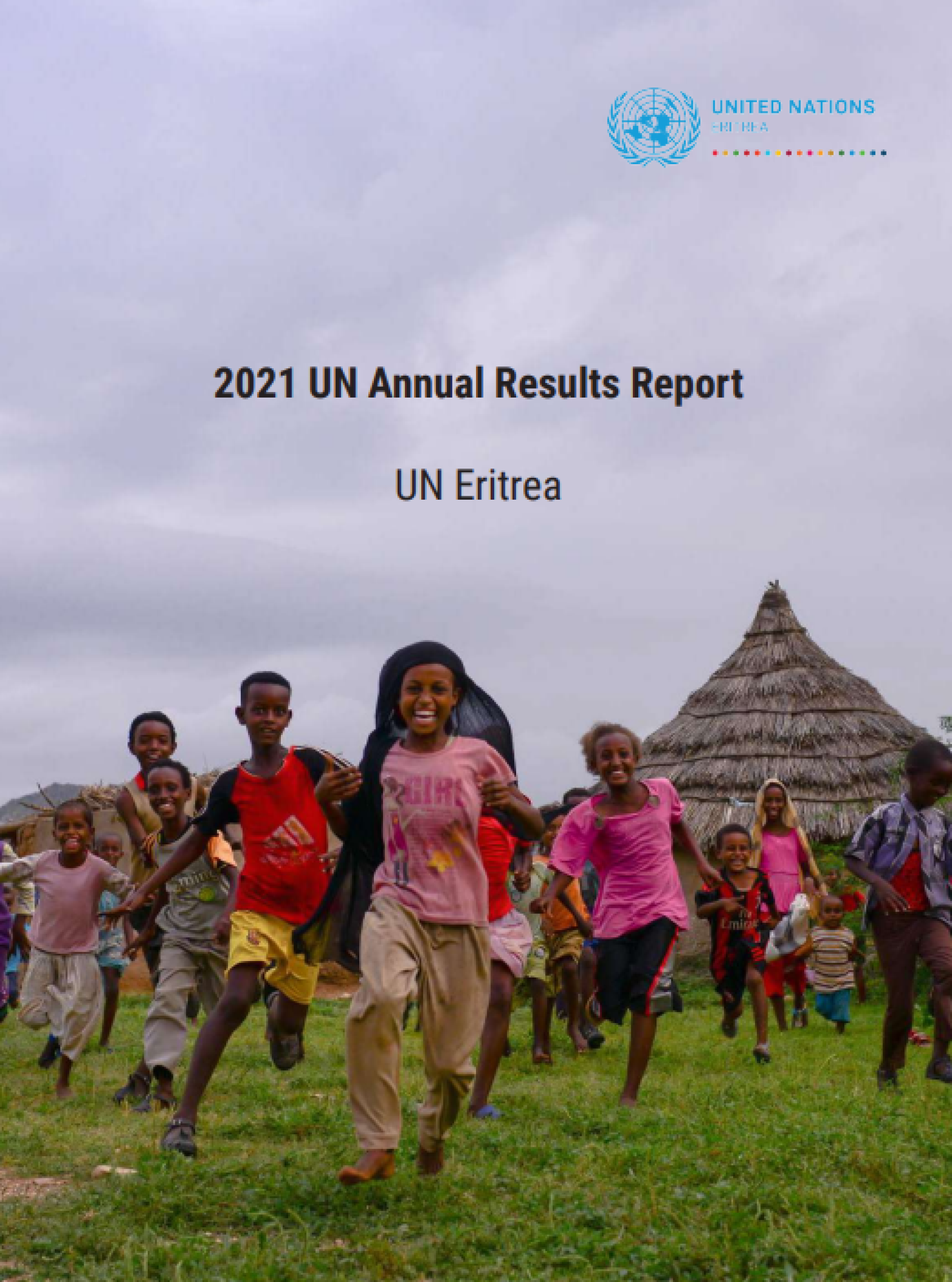 Children skip and run in glee, in a pyramid formation, with a hut behind them.