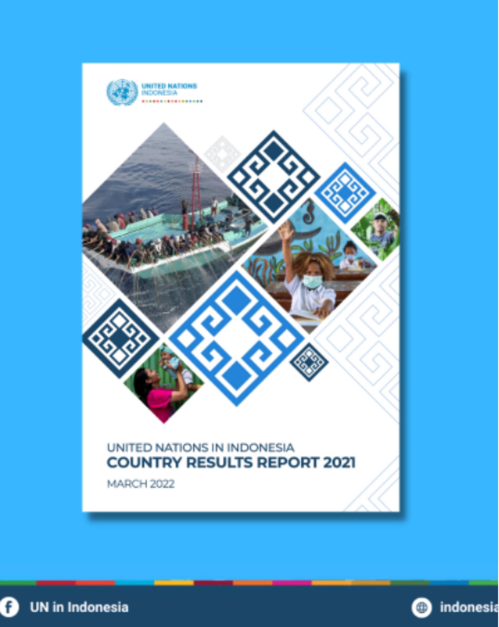 Boxes in a design shape, like pyramids, strewn together on a report cover, against a light blue background.