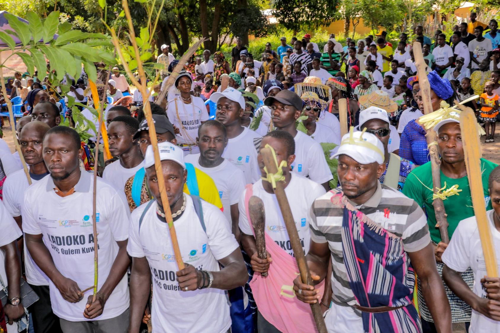 A group of people in white shits gather with stems and shoots