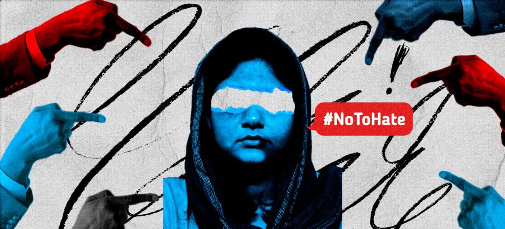 A designed version of the #notohate campaign, featuring a cis-woman and fingers pointing at her.