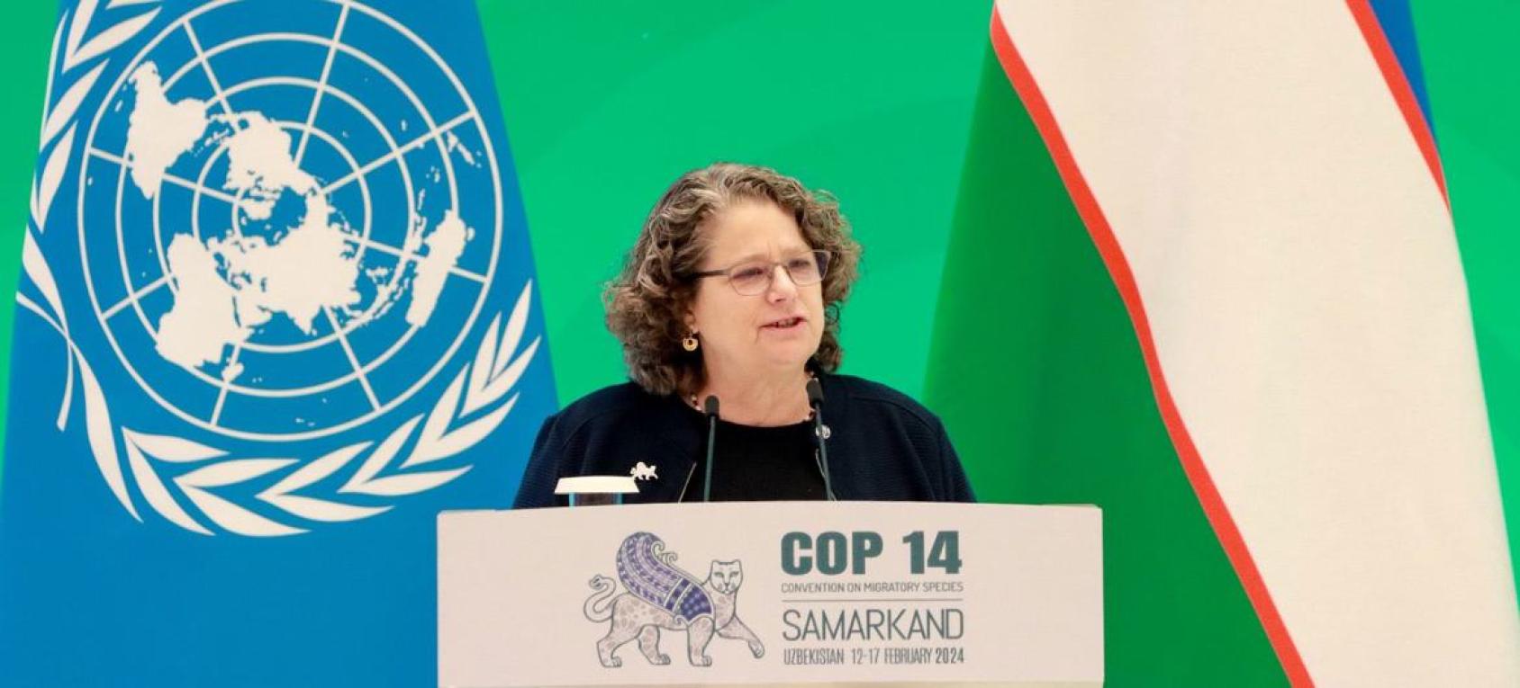 La secretaria ejecutiva de la Convención sobre las Especies Migratorias se dirige a los participantes de la 14ª Conferencia de los Estados Parte.