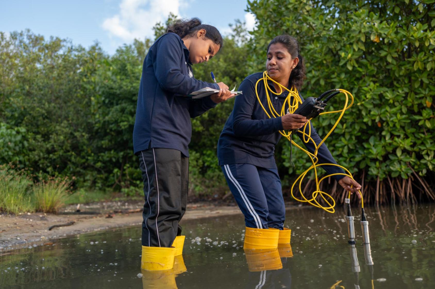 Two young women in jumpsuits and yellow boots appear to be measuring water levels in a mangrove forest. One is holding the pipes and tubes while the other is noting measurements in a notebook.