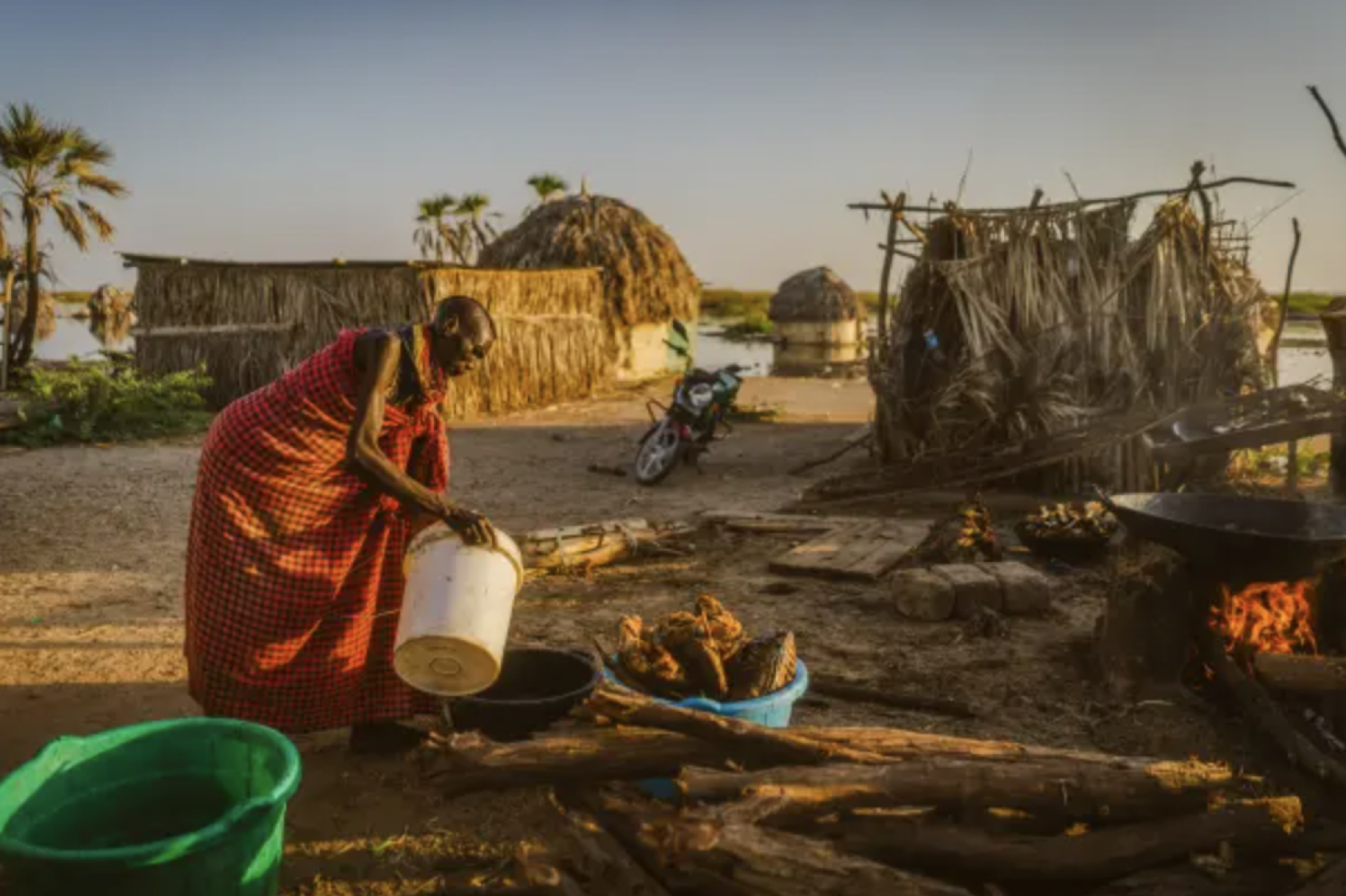 一位非洲女性在丢弃一些东西，可能是鱼