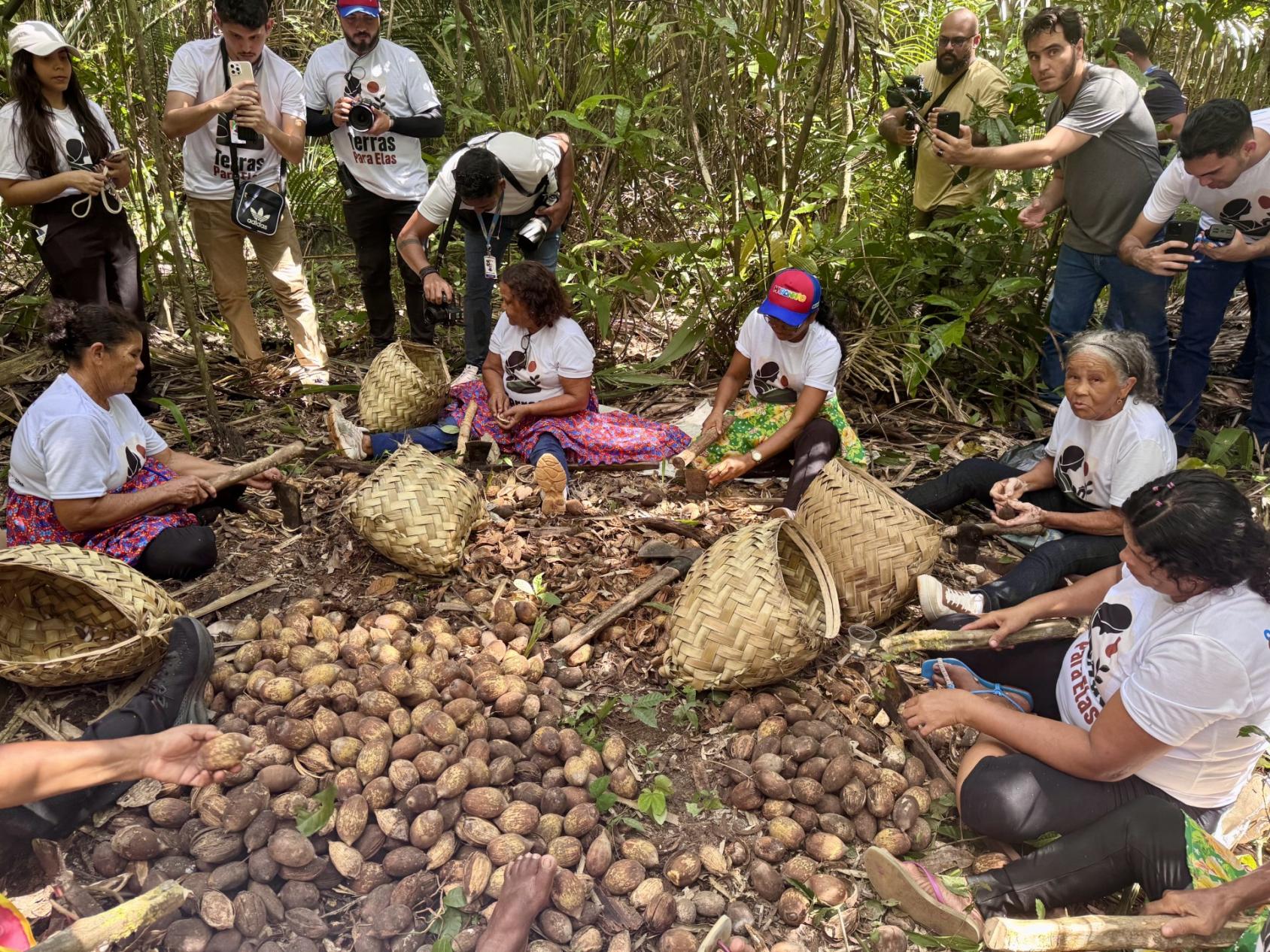 A group of indigenous women sitting on a forest floor amid leaves.