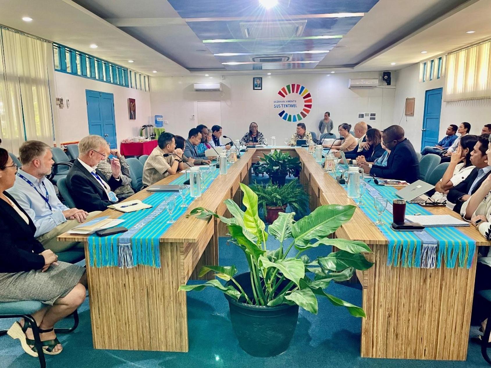 A meeting among over a dozen UN officials, Government staff and other stakeholders in Timor-Leste.