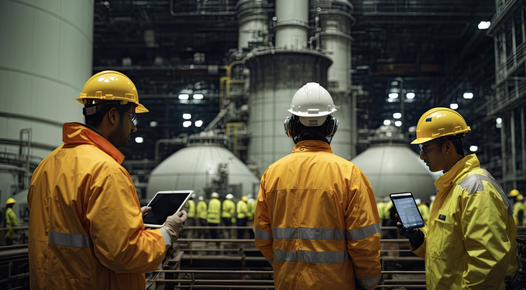 一群穿着黄色衣服戴着头盔的人员在检查设施