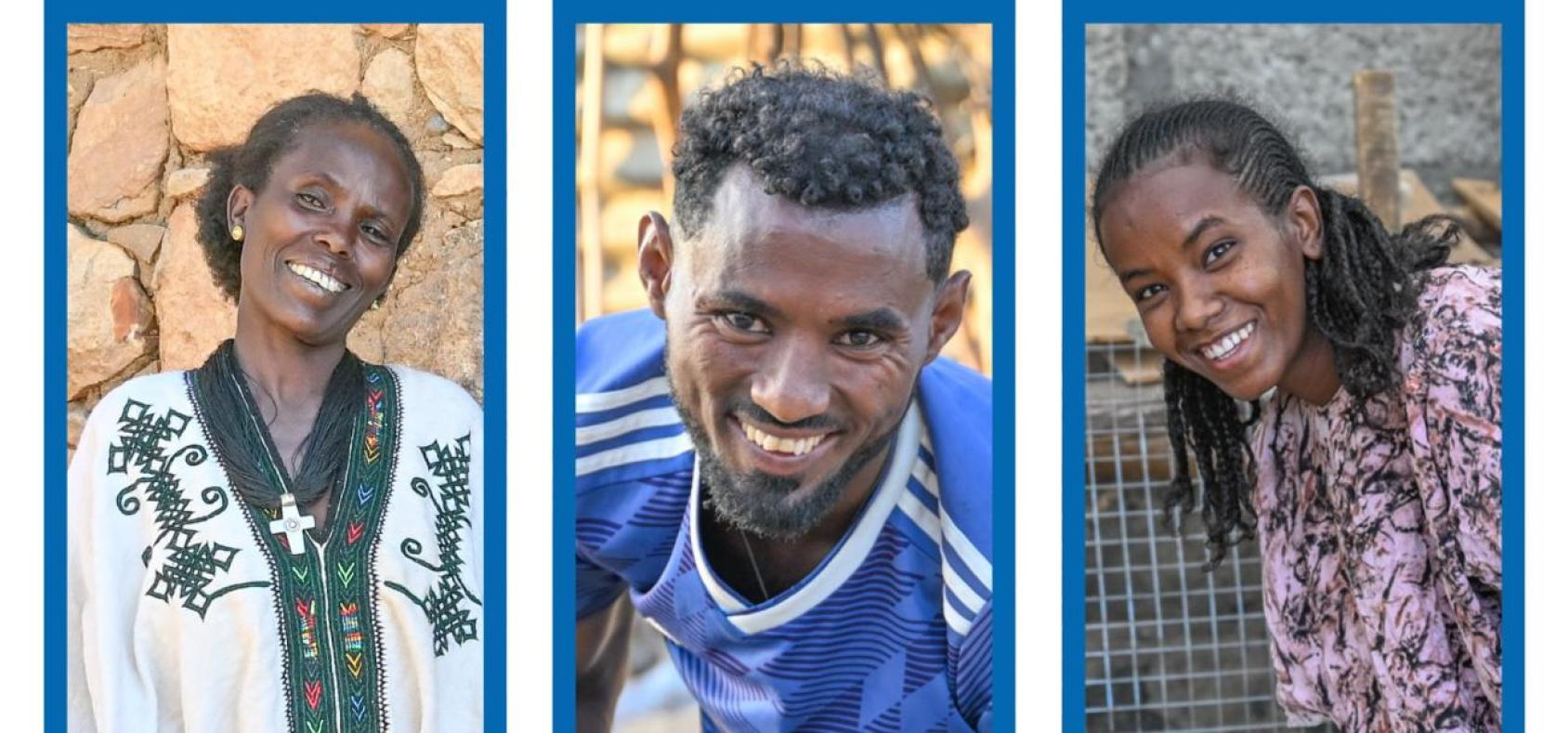 Three Ethiopian internally displaced persons happily pose for separate photos collated into one..