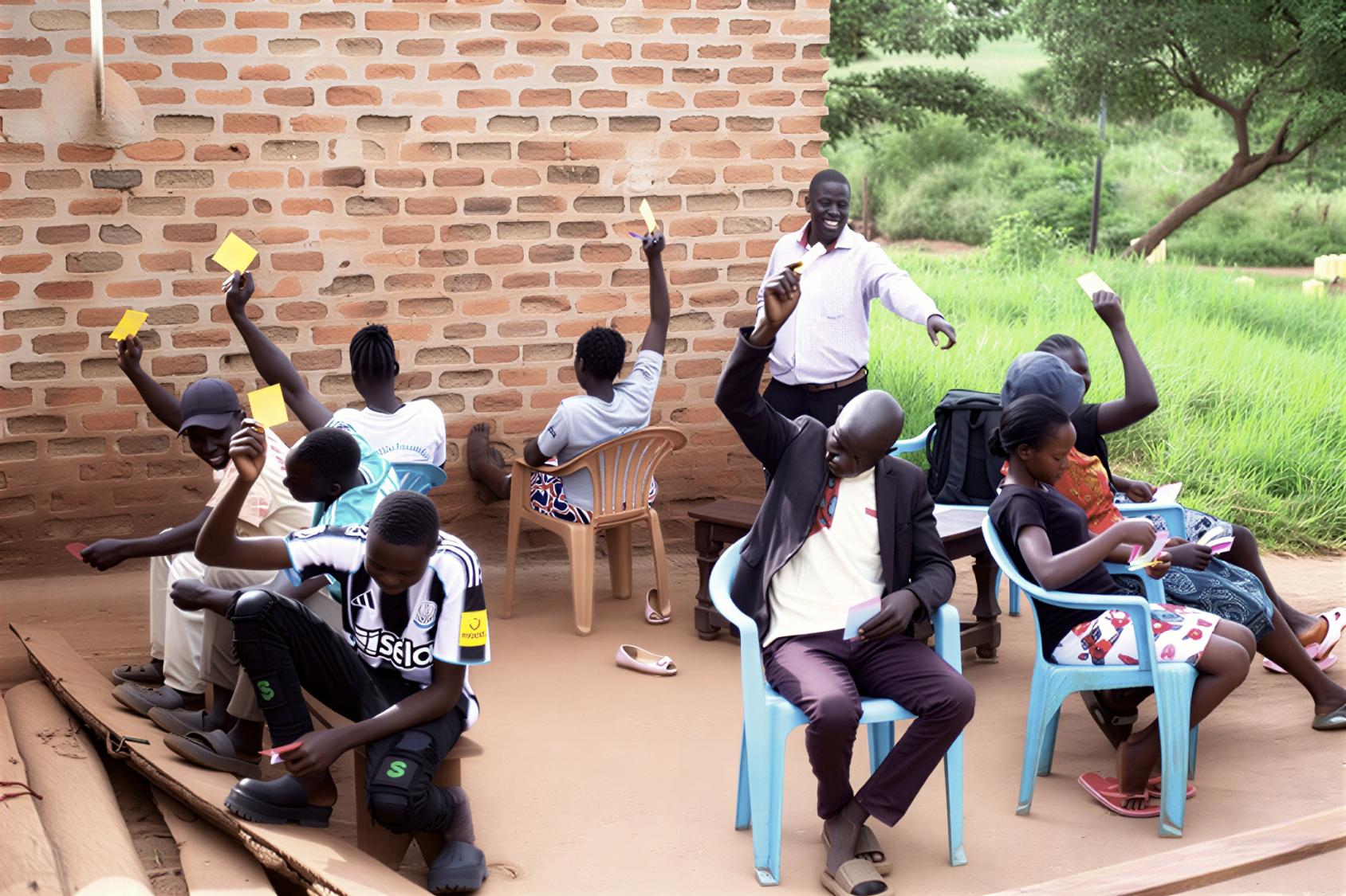 Ugandan nationals sit in a circle with their back turns as they participate in a business training session.