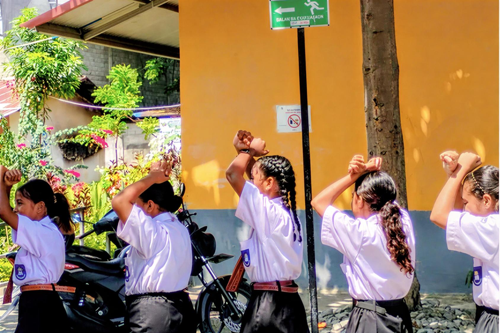 Students in Timor-Leste participate in a tsunami drill.