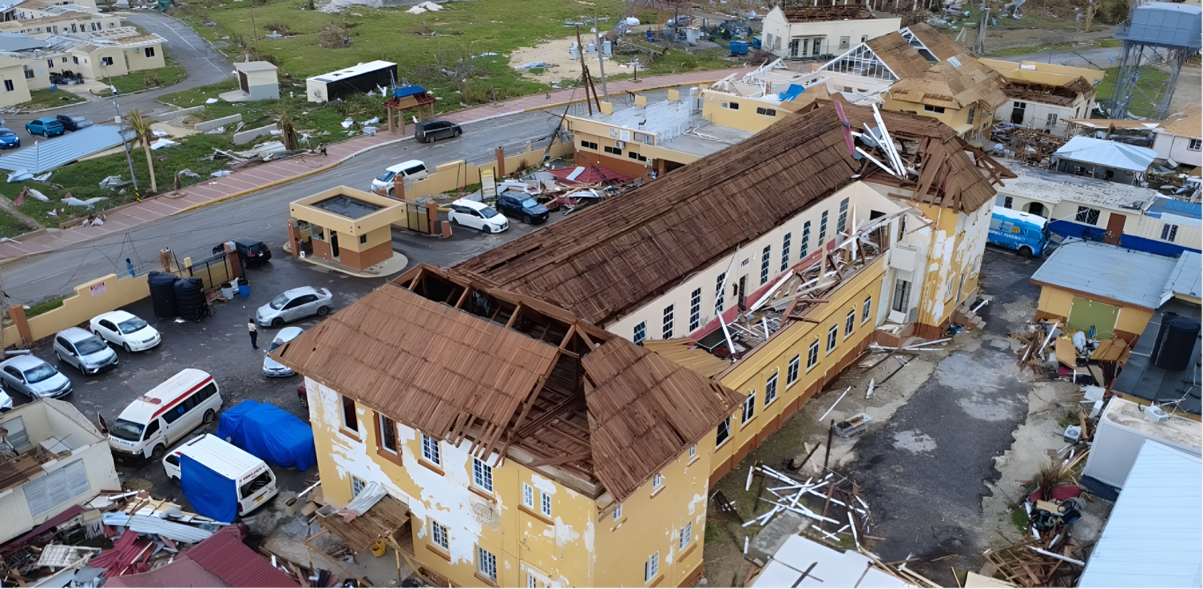 An aerial view of a destroyed hospital in Jamaica after a hurricane.