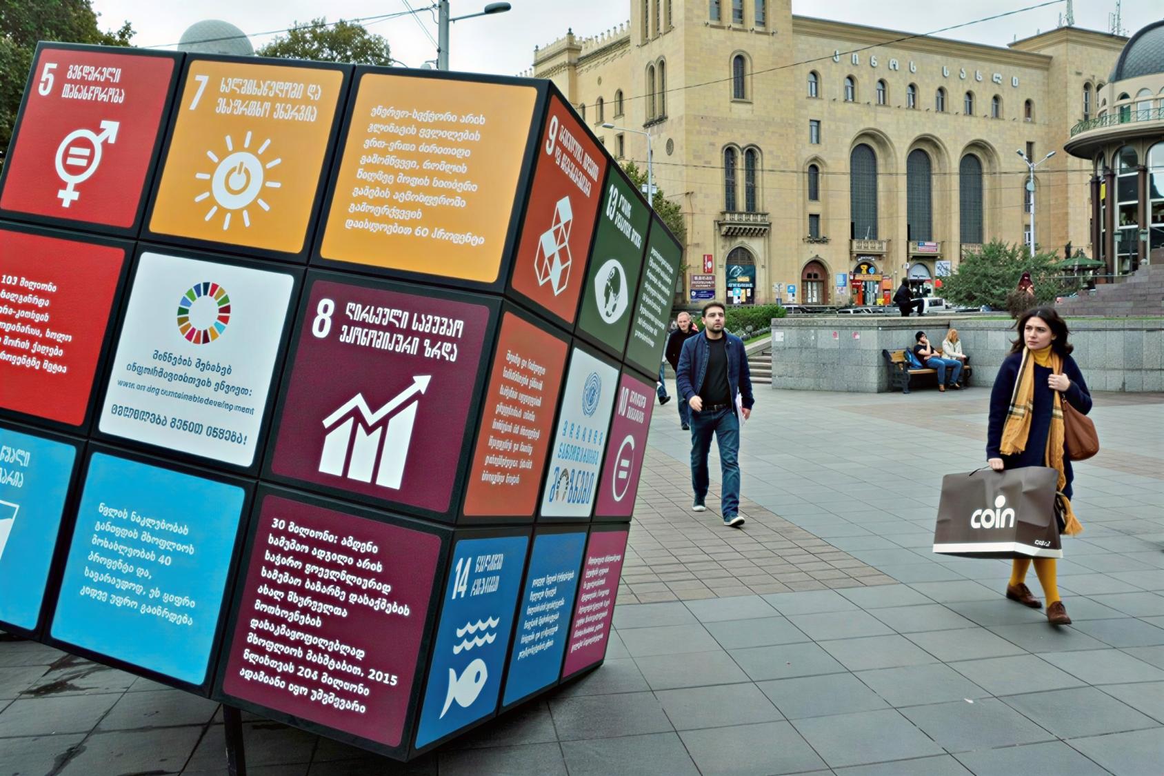 A large Rubik's cube display of the SDGs in the middle of Tbilisi, Georgia.