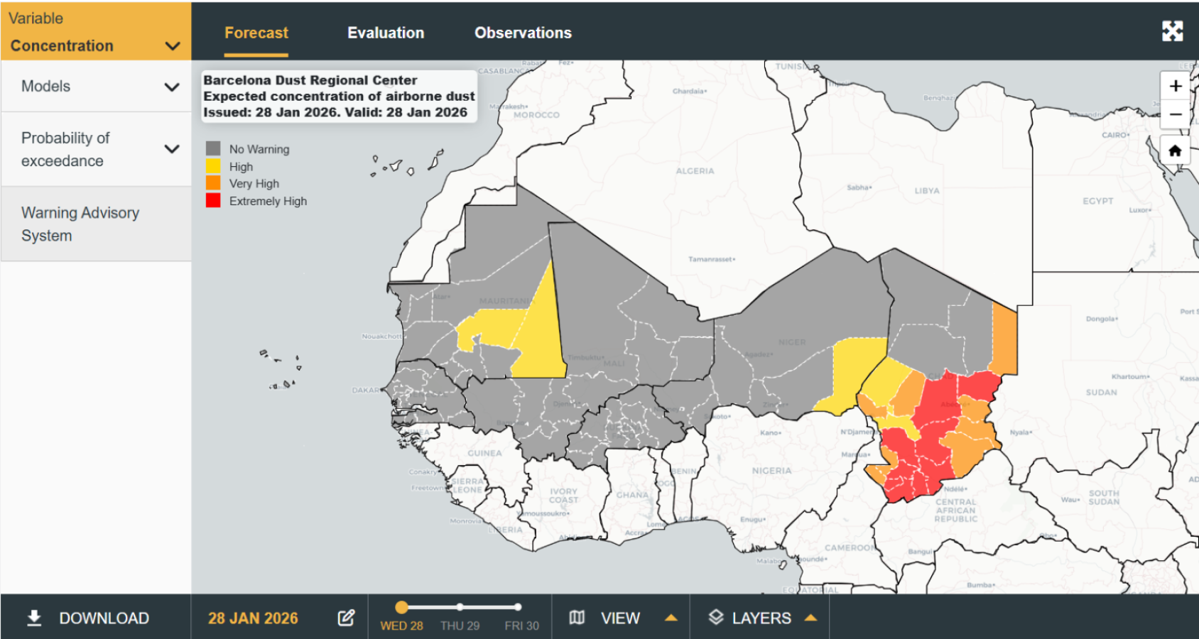 Carte des concentrations de poussière en Afrique de l’Ouest, avec des niveaux d’alerte très élevés