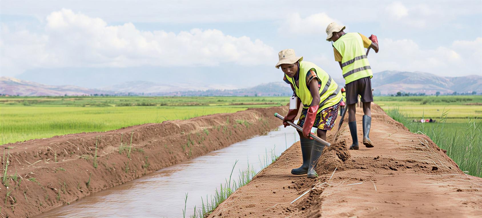 Men work on the Ambondromisotra drain in Madagascar.