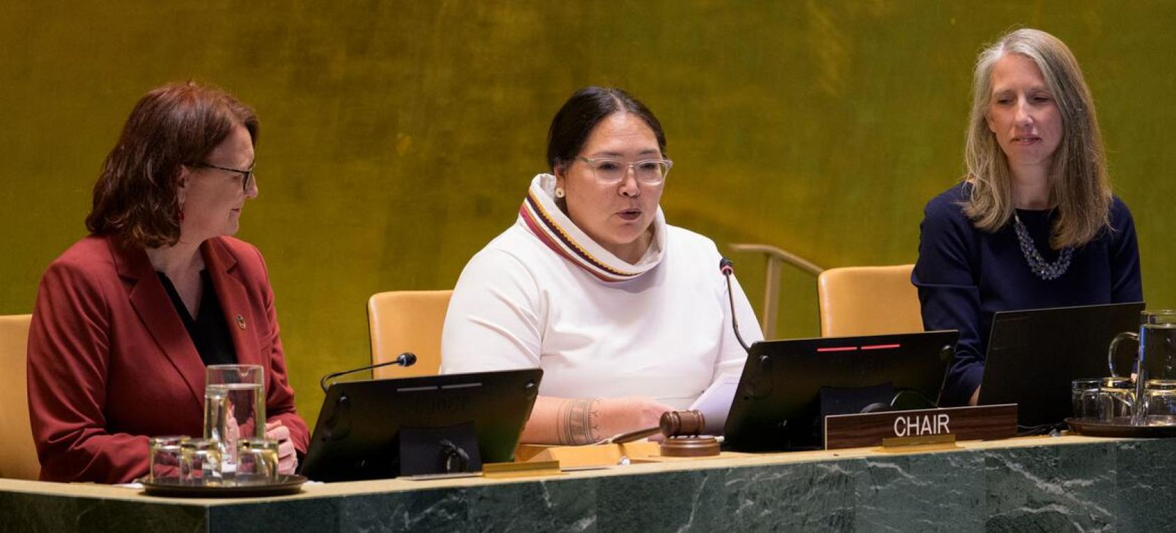 An Indigenous leader speaks at a UN conference.