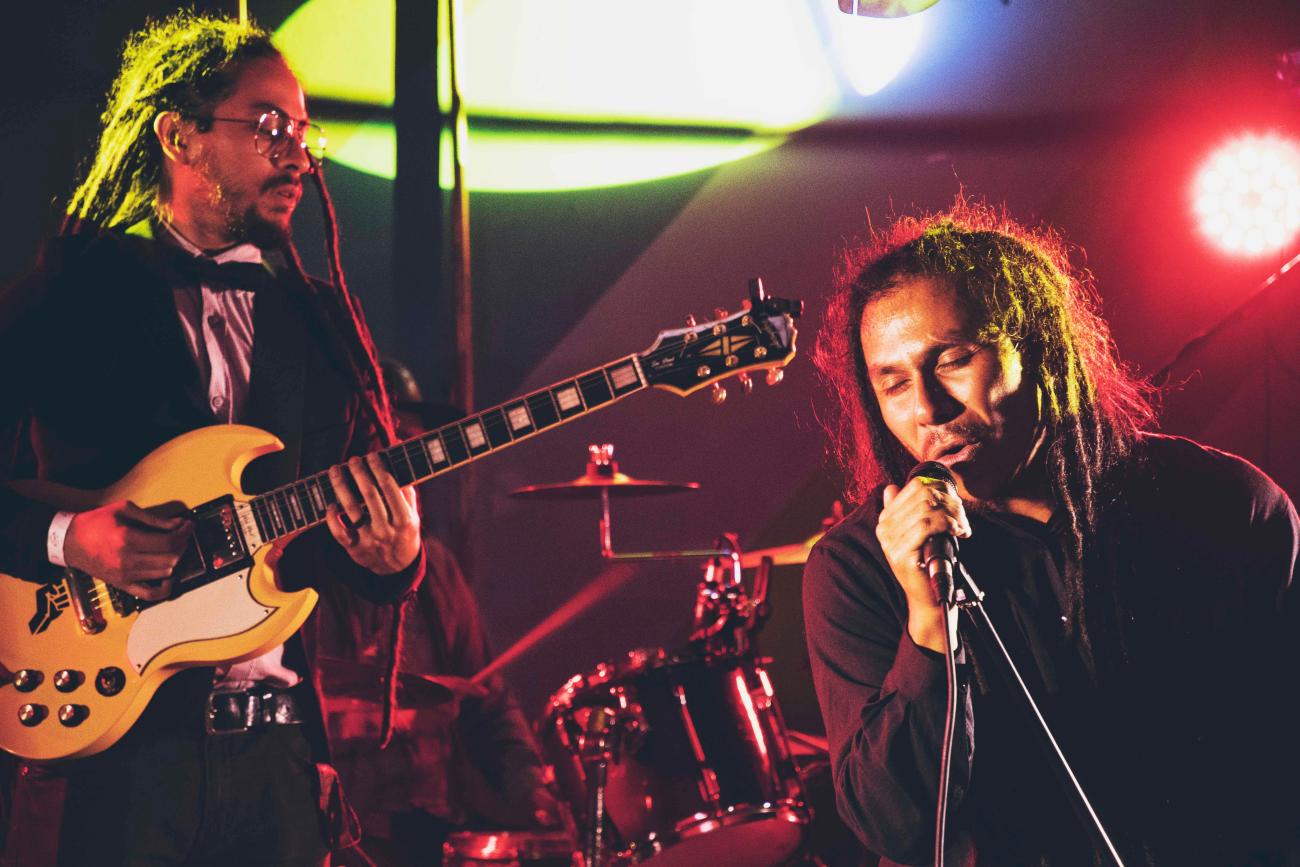Members of the local reggae band Talawa during a concert in San José, Costa Rica.