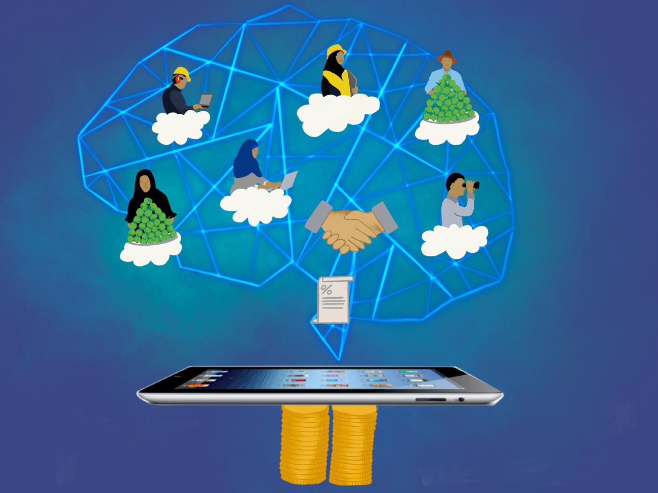 A variety of cartoon people interconnected via idea bubbles in the shape of a brain all arising from an Ipad.