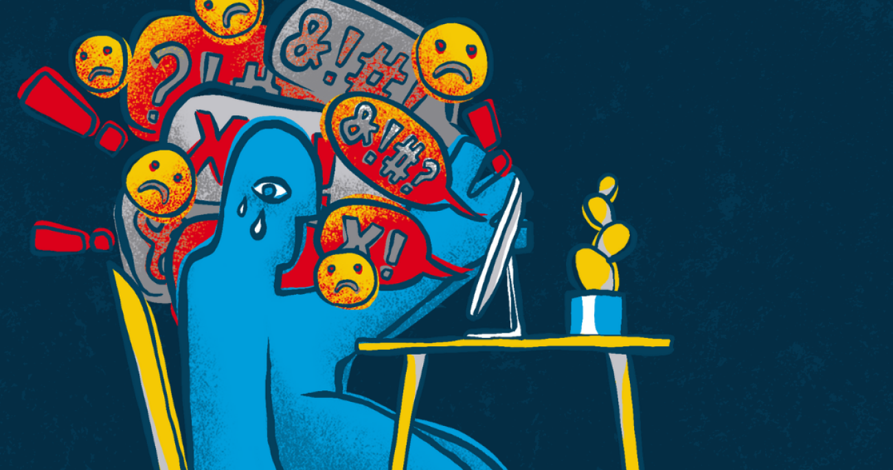 Un dibujo de una persona leyendo comentarios de odio en Internet.