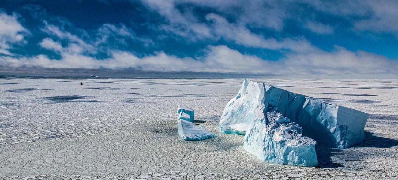 Арктическая пустыня с глыбами льда на переднем плане.