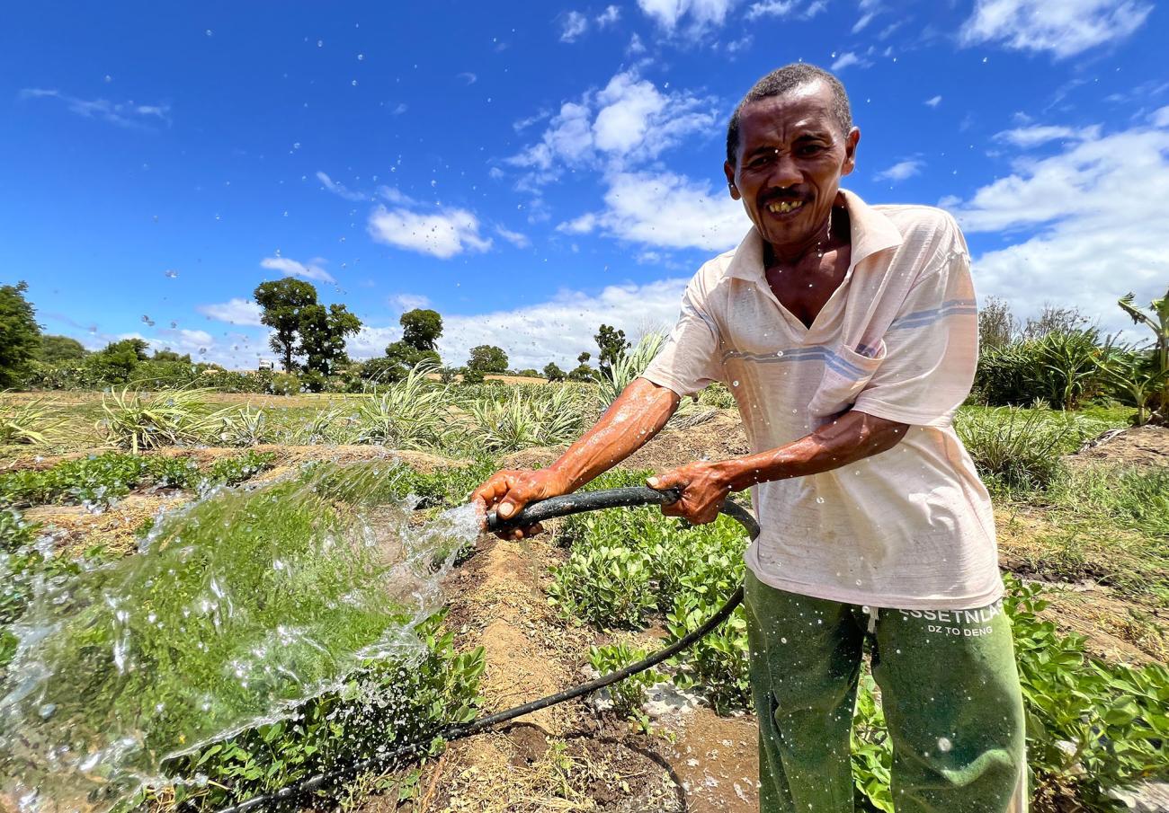A man in a white shirt and green plants holds out a hose, watering green plants