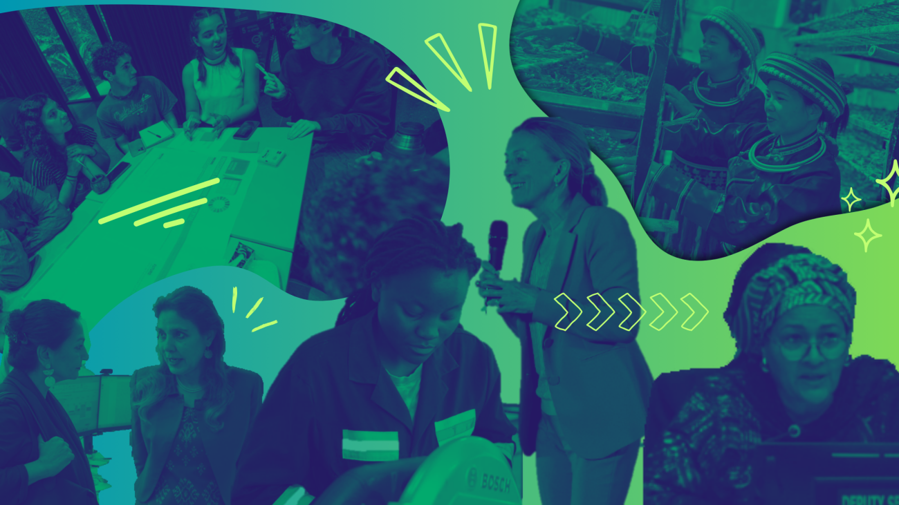 A graphic in sea green colours with a collage of various UN officials and citizens