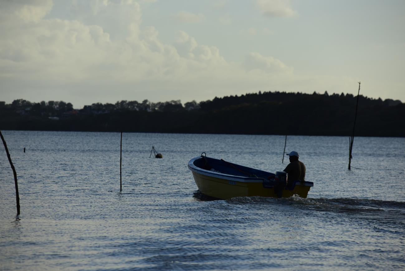 A man on a boat is traveling across water.