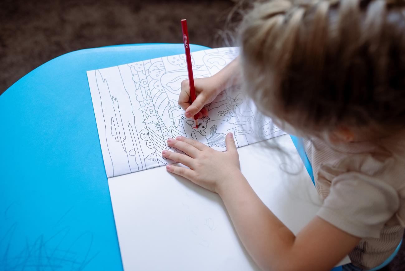 A young Moldovan child is colouring.