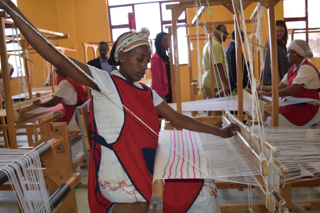 An Ethiopian woman participates in weaving vocational training.