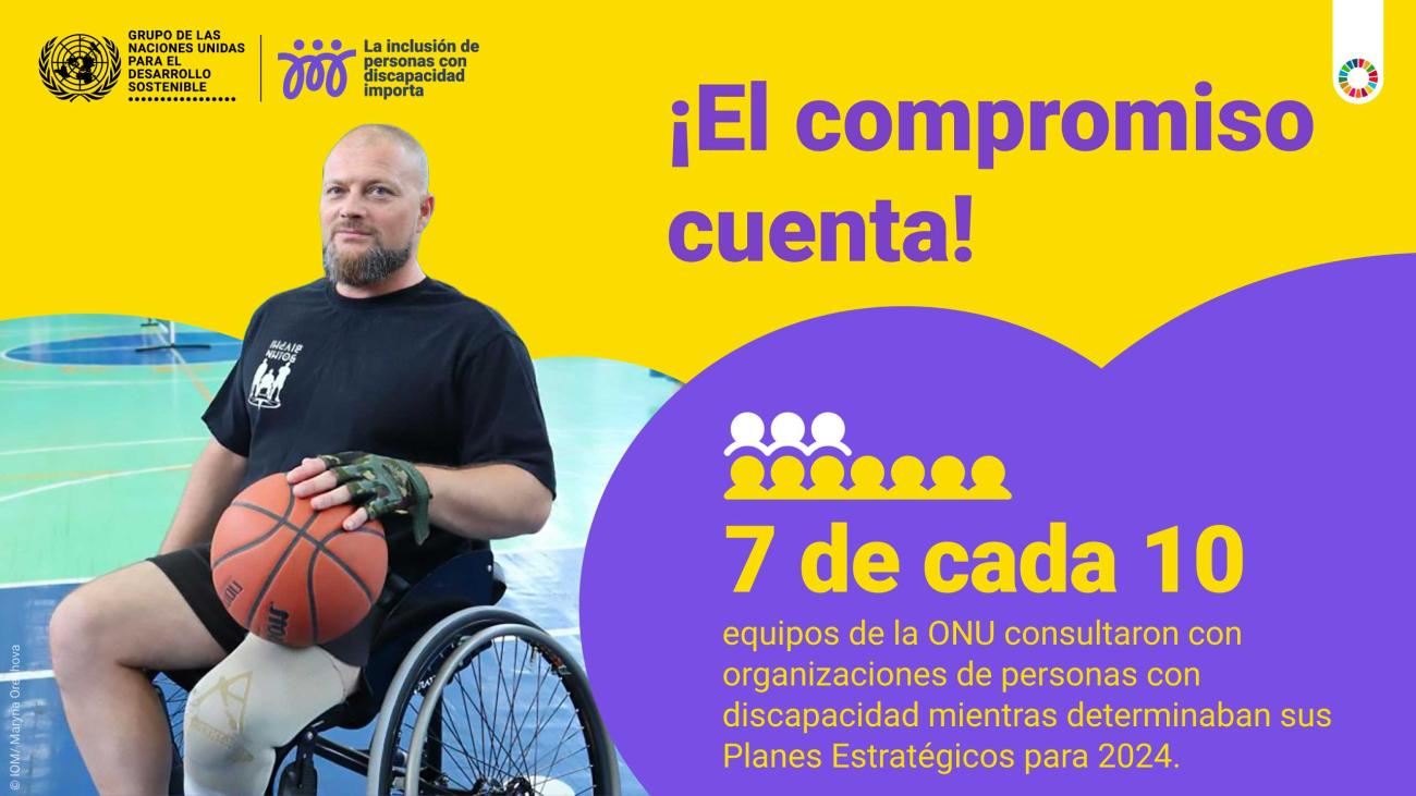 Imagen menciona que 7 de cada 10 equipos de la ONU consultaron con discapacidad mientras determinaban sus Planes Estratégicos para 2024. personas 