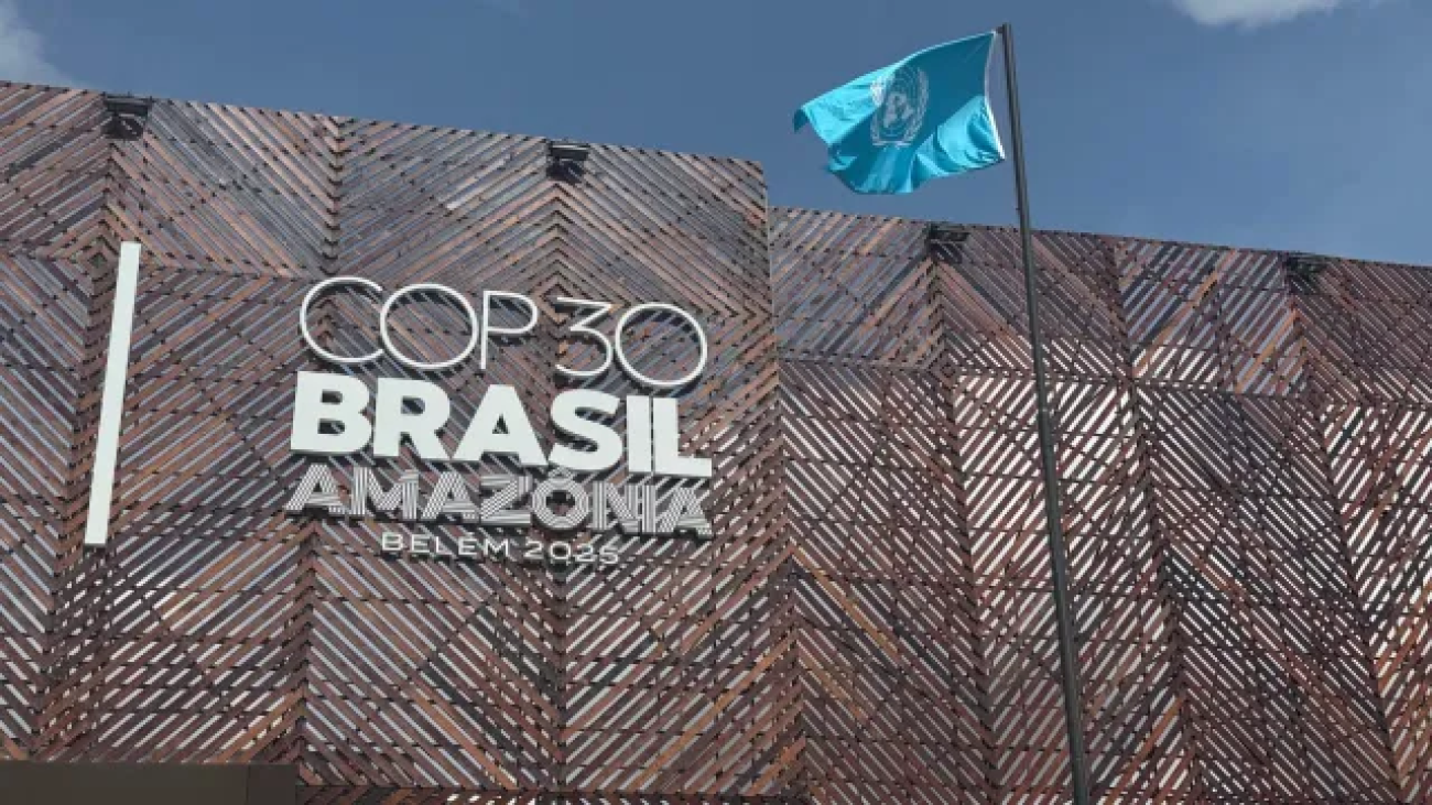 Место проведения КС-30 с фасадом-решёткой и флагом ООН на переднем плане