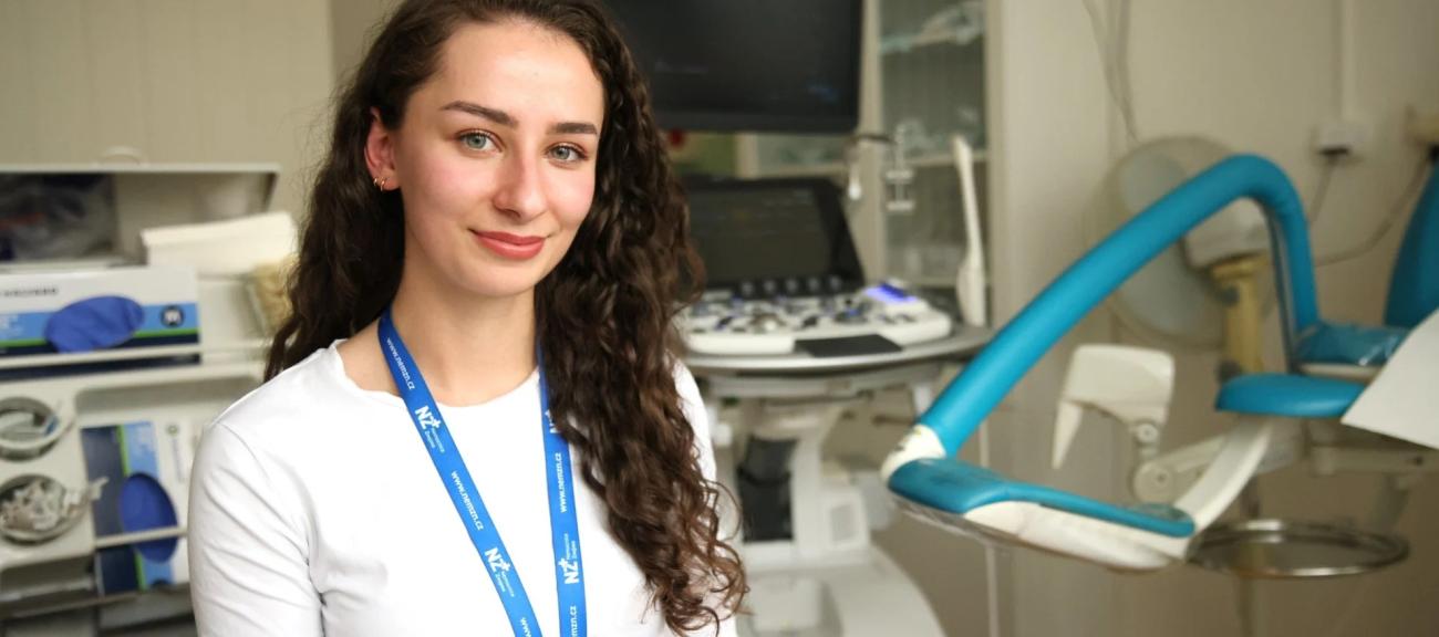 A young Ukrainian doctor in a hospital room in Czechia.