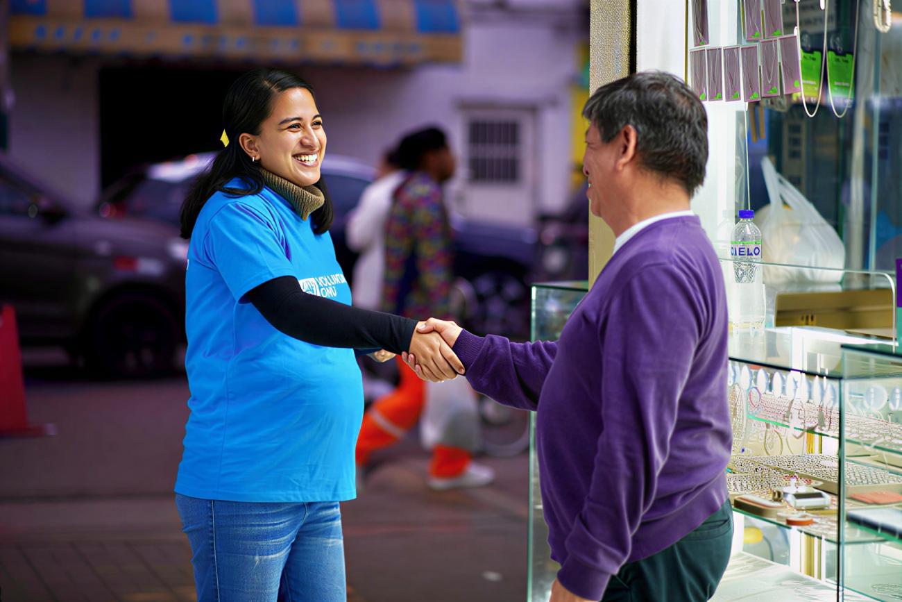 A female UN volunteer in Peru shakes hands with a local.