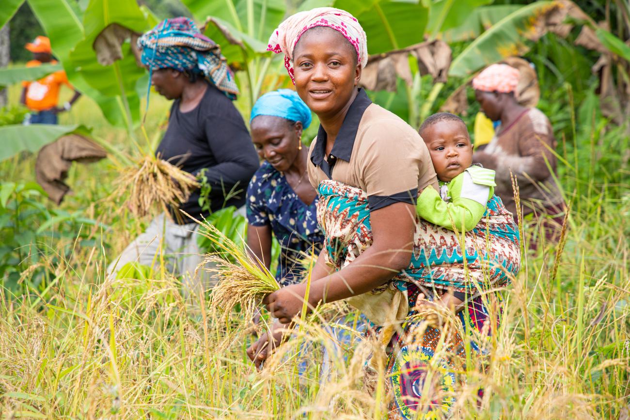 A woman in Guinea in a field with other women as she carries her son.